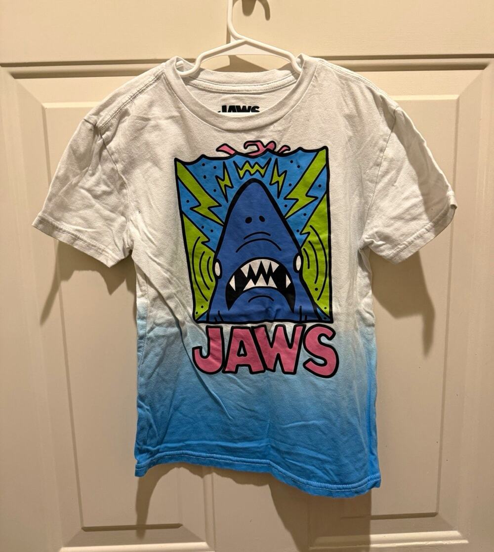 JAWS Boys XS White Blue Ombre Cotton Crew Neck Short Sleeve Graphic Tee